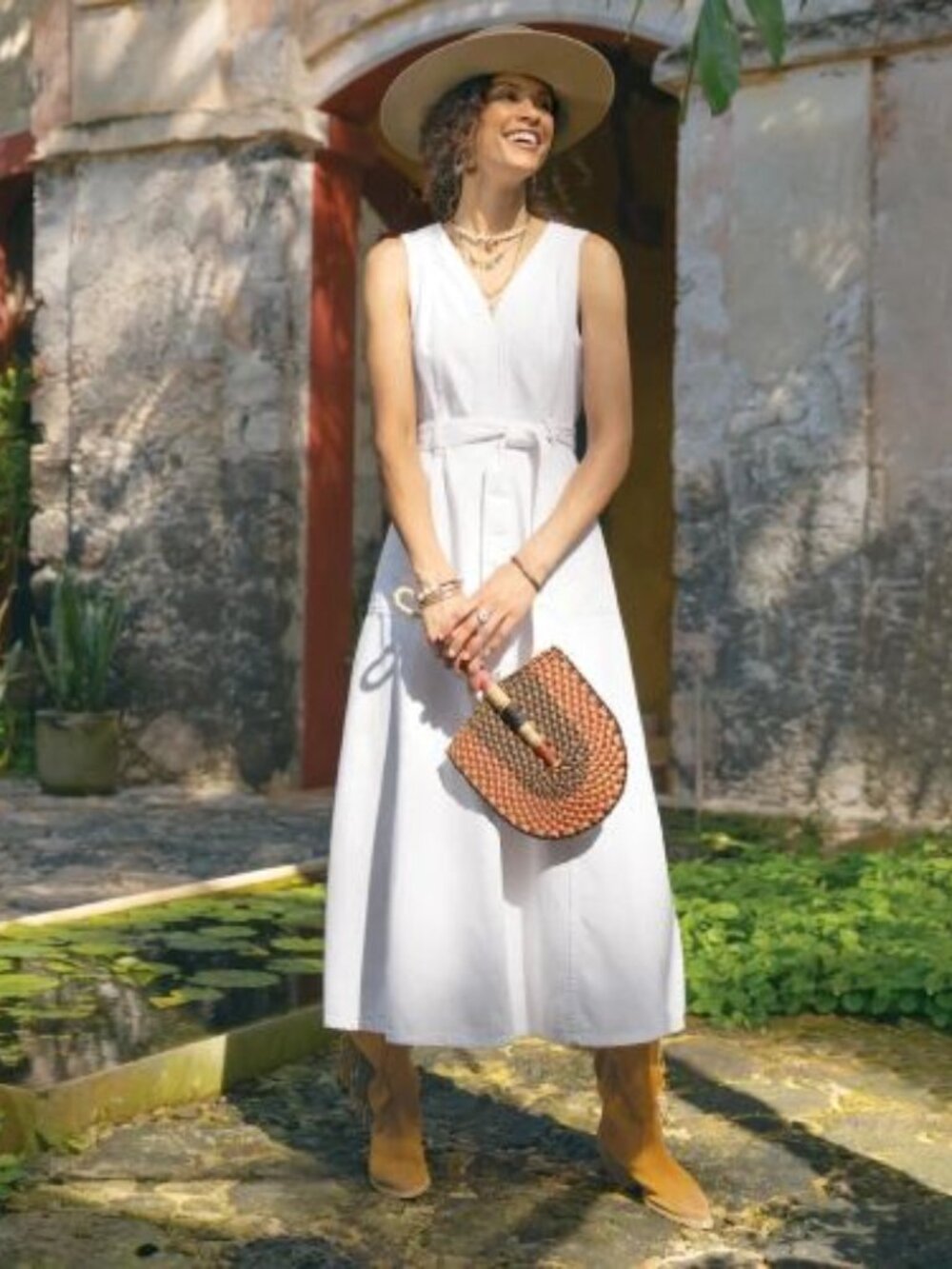 Sundance Poppy Denim Midi Dress 111396 Belted A-Line WHITE 12 Boho NWT $168